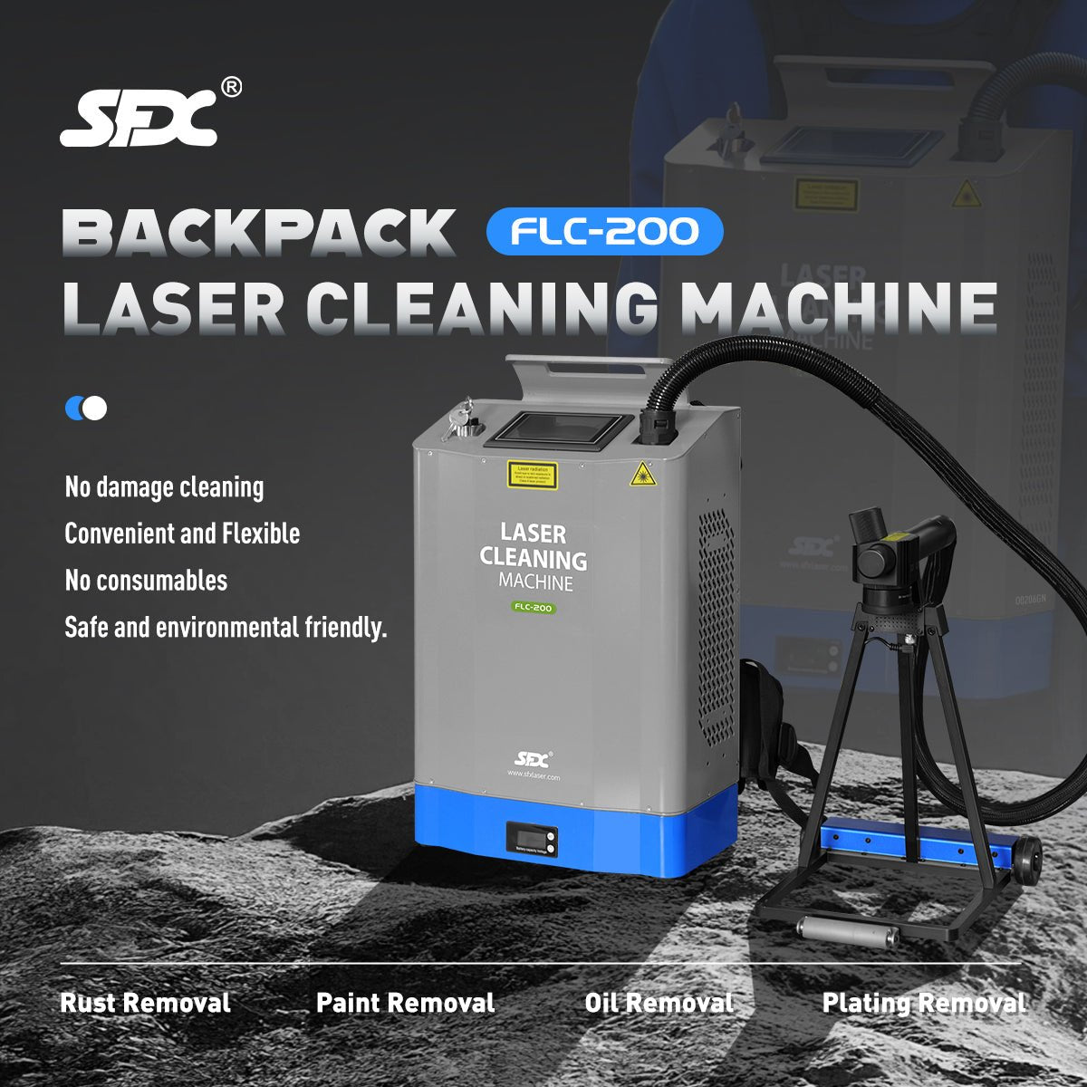 200W Backpack Laser Cleaning Machine with Self - Propelled Laser Rust Remover Uniform Cleaning Suitable for Paint/Oil Removal - SFX SolutionBackpack Laser Cleaning Machine
