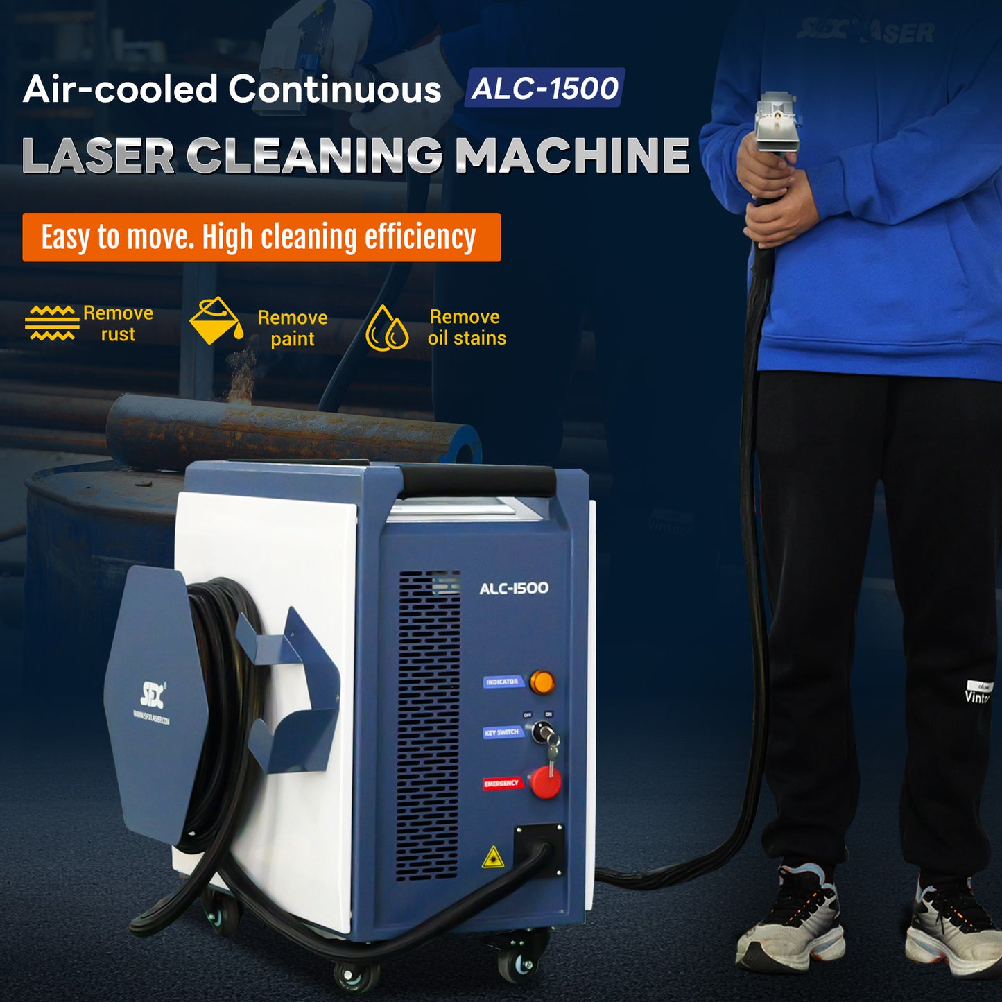 SFX Air Cooled Laser Cleaning Machine 250mm Wide Scan, Smart IoT Remote 1500W 220V CW Laser Cleaner – Handheld, Efficient Rust Removal, Portable Cleaning Machine for Metal & Wood