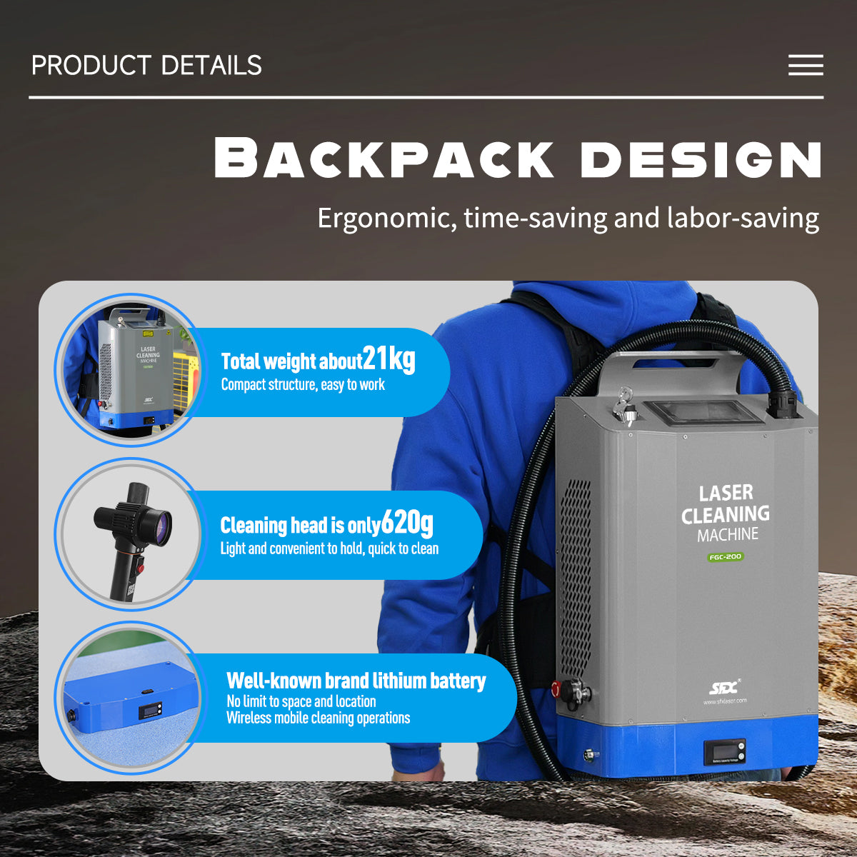 Backpack Laser Cleaning Machine 200W Laser Paint Removal 8 Cleaning Modes Battery/Power Suitable for Paint/Oil Removal