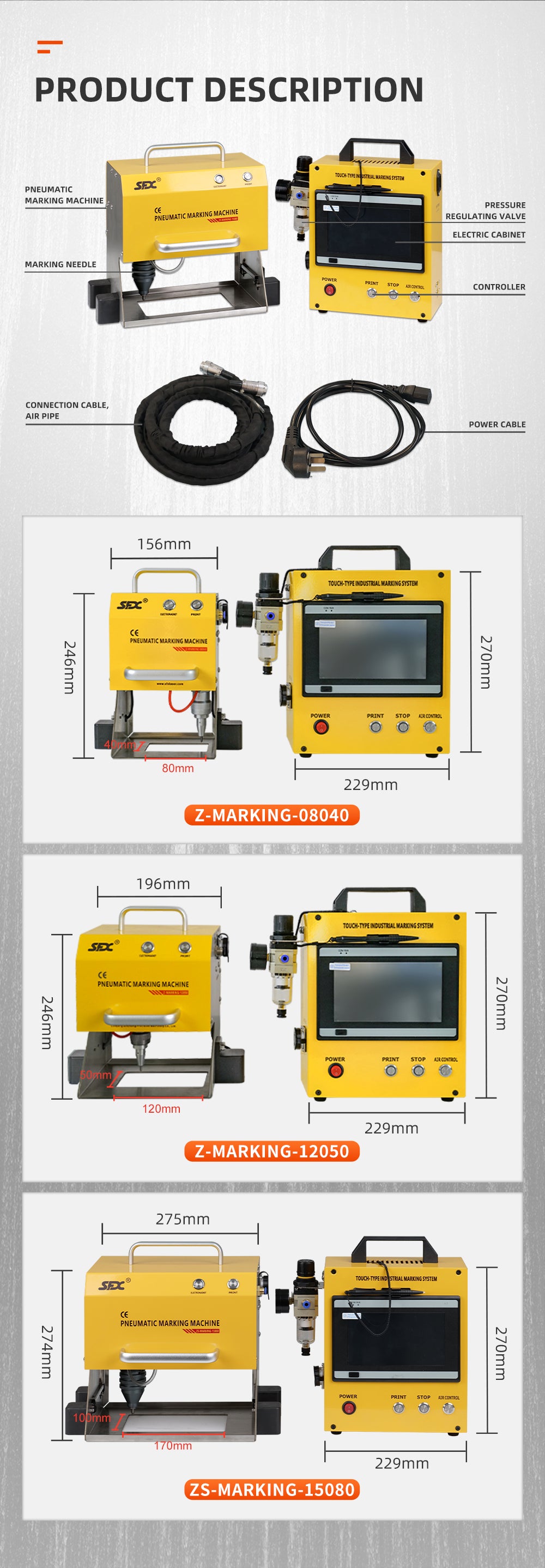 US STOCK 100W Pneumatic Dot Peen Metal Engraving Machine Pneumatic Dot Peen Marking Machine Engraving Size 120x50mm(4.7X2inch) Depth 0.02-1 mm Pneumatic Metal Engraving Machine for VIN,Date