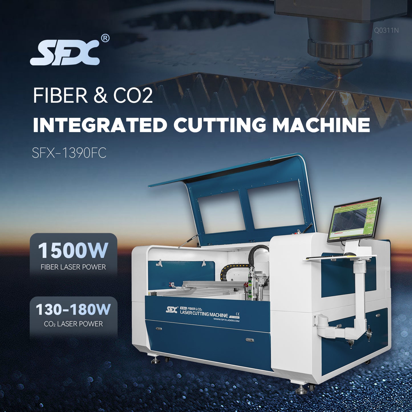 SFX Fiber/CO2 Integrated Cutting Machine 1500W MAX Fiber Laser 130W-180W CO2 Metal/Non-metal Cutting Machine 1300×900mm (51.2×35.4 inches)