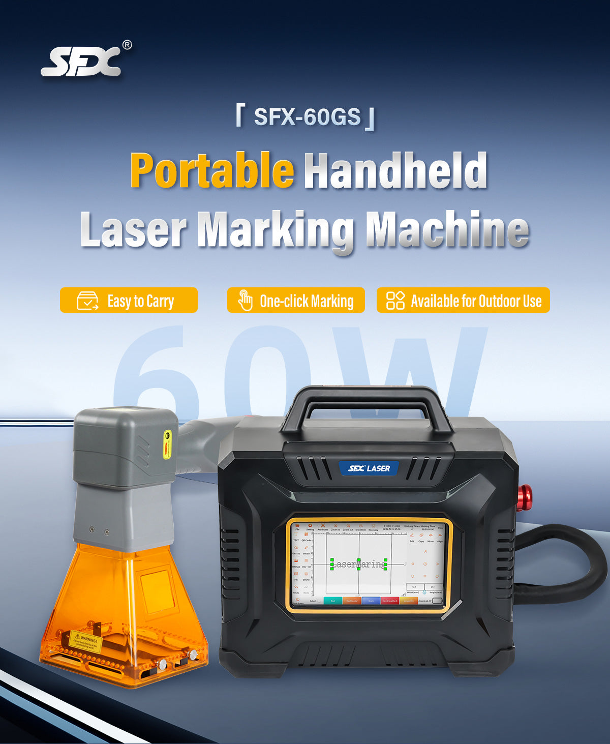 60W Fiber Laser Engraver Portable Handheld Laser Marking Machine Linux System 8 Core, 7-Inch Touch Screen, Dual Power, Infrared Positioning for Metal/Non-Metal Marking