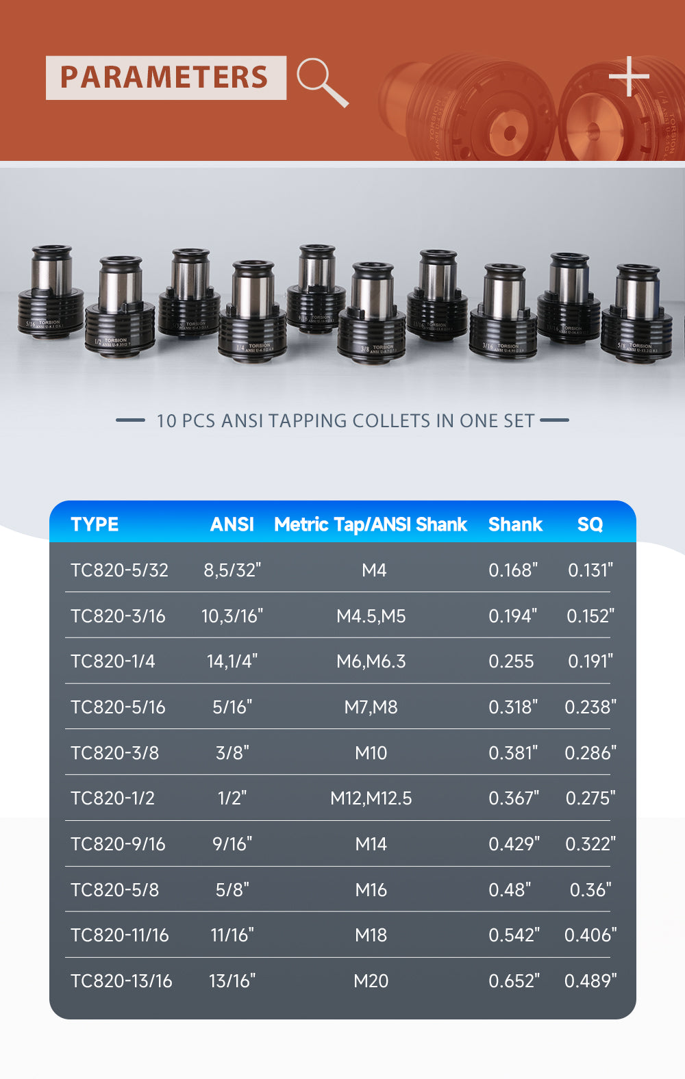 US Stock TC820 ANSI Collets 10pcs ANSI TC820 Tapping Adapters 8,5/32", 10,3/16", 14,1/4", 5/16", 3/8", 1/2'', 9/16", 5/8", 11/16", 13/16''  for M24 Electric Tapping Machine