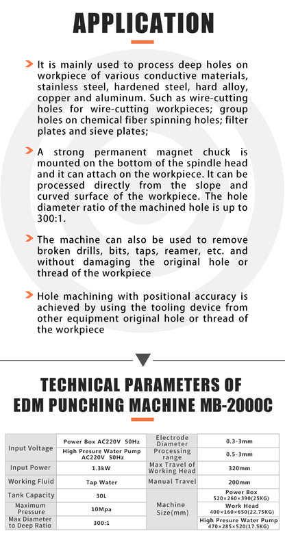 US STOCK MB-2000C EDM Drilling Machine Depth Setting Φ0.5-3mm(Φ0.02''-0.12'')1500W Portable EDM Driller Mircro Hole EDM Punching Machine