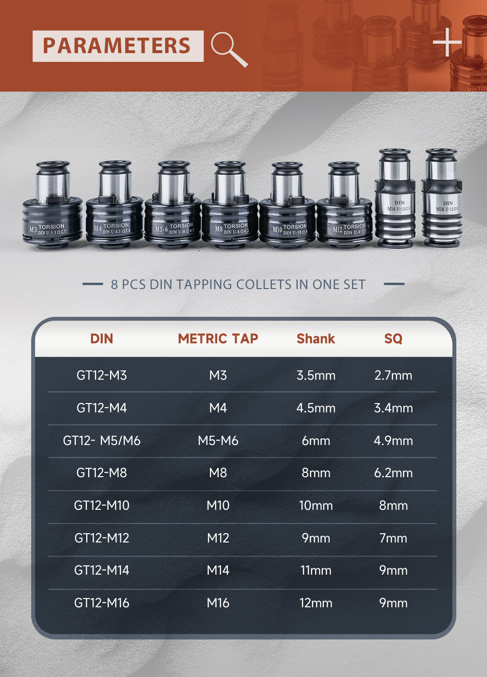 GT12 DIN Tapping Collets Chuck 8PCS Tapping Adapters DIN for M16 Electric Tapping Chuck Clamp Collet M3,M4 M5-M6 M8 M10 M12 M14 M16