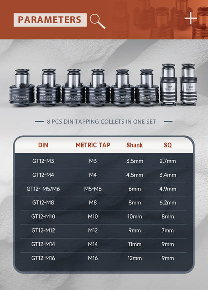 GT12 DIN Tapping Collets Chuck 8PCS Tapping Adapters DIN for M16 Electric Tapping Chuck Clamp Collet M3,M4 M5-M6 M8 M10 M12 M14 M16