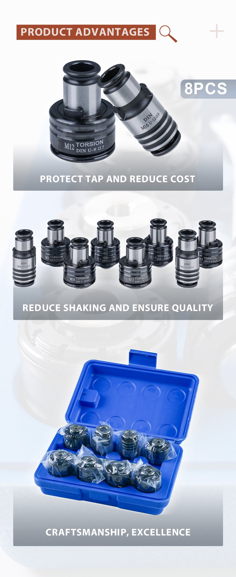 GT12 DIN Tapping Collets Chuck 8PCS Tapping Adapters DIN for M16 Electric Tapping Chuck Clamp Collet M3,M4 M5-M6 M8 M10 M12 M14 M16
