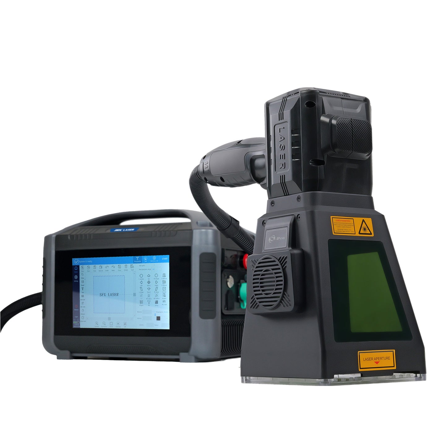 SFX Pro 20/30/50W Fiber Laser Engraver Portable Handheld 100*100mm Lens Laser Marking Machine Battery/AC Linux System 8 Core, 7-Inch Touch Screen, Dual Power, Infrared Positioning for Metal/Non-Metal Marking