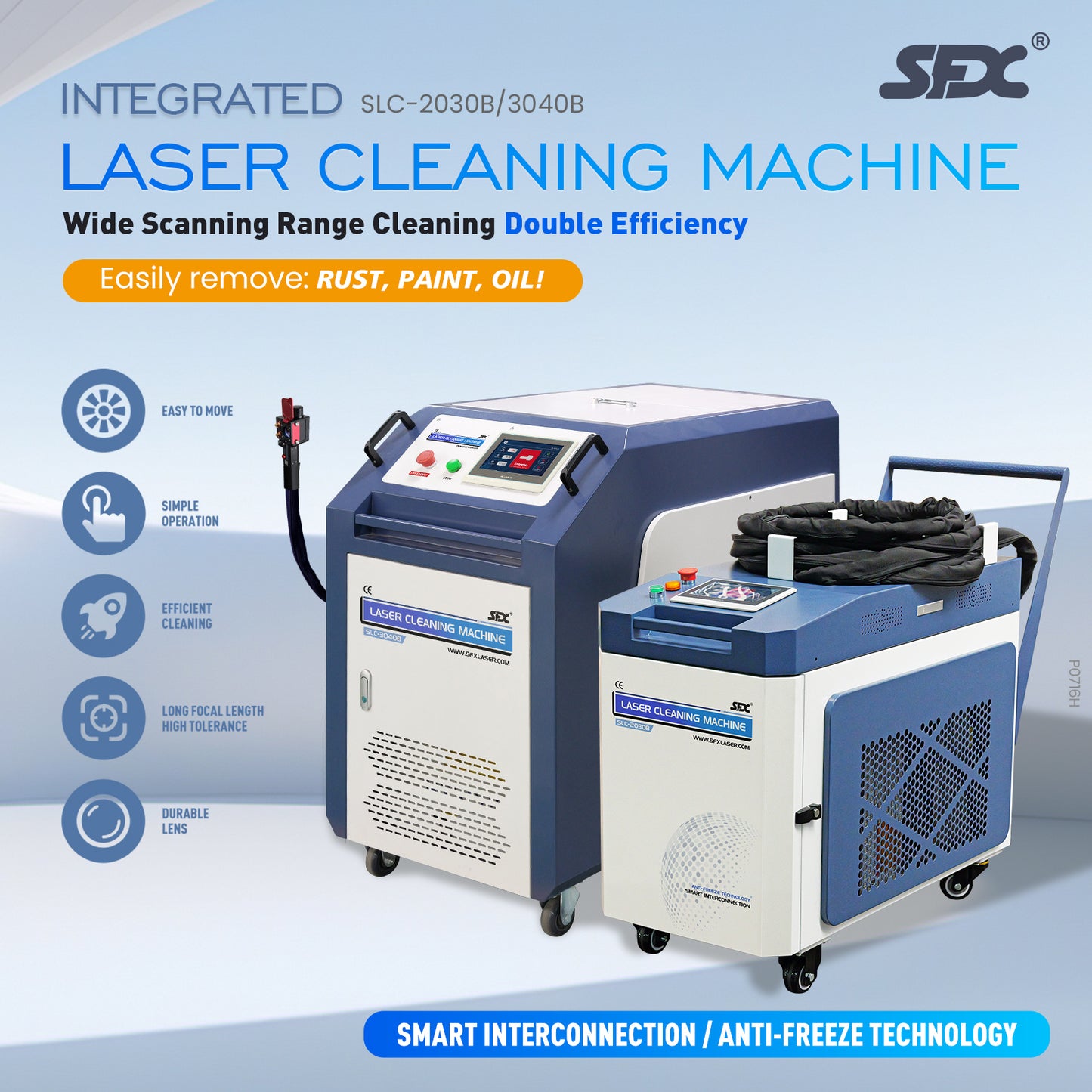 SFX SLC 2000W/3000W IoT Fiber Laser Cleaner with Double-Wobble Technology, 300*60mm Wide Scan & Anti-Freeze System for Rust, Paint and Oil Removal