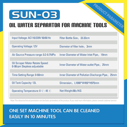US Stock SFX SUN-03 Oil Water Separator Filter Machine, 1000 L/H Large Flow Oil Skimmer for Cutting Fluid & Water-Based Coolants, Floating Suction Nozzle for CNC Machine Tools