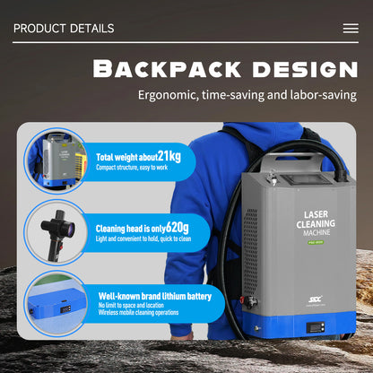 Backpack Laser Cleaning Machine 200W Laser Paint Removal 8 Cleaning Modes Battery/Power Suitable for Paint/Oil Removal